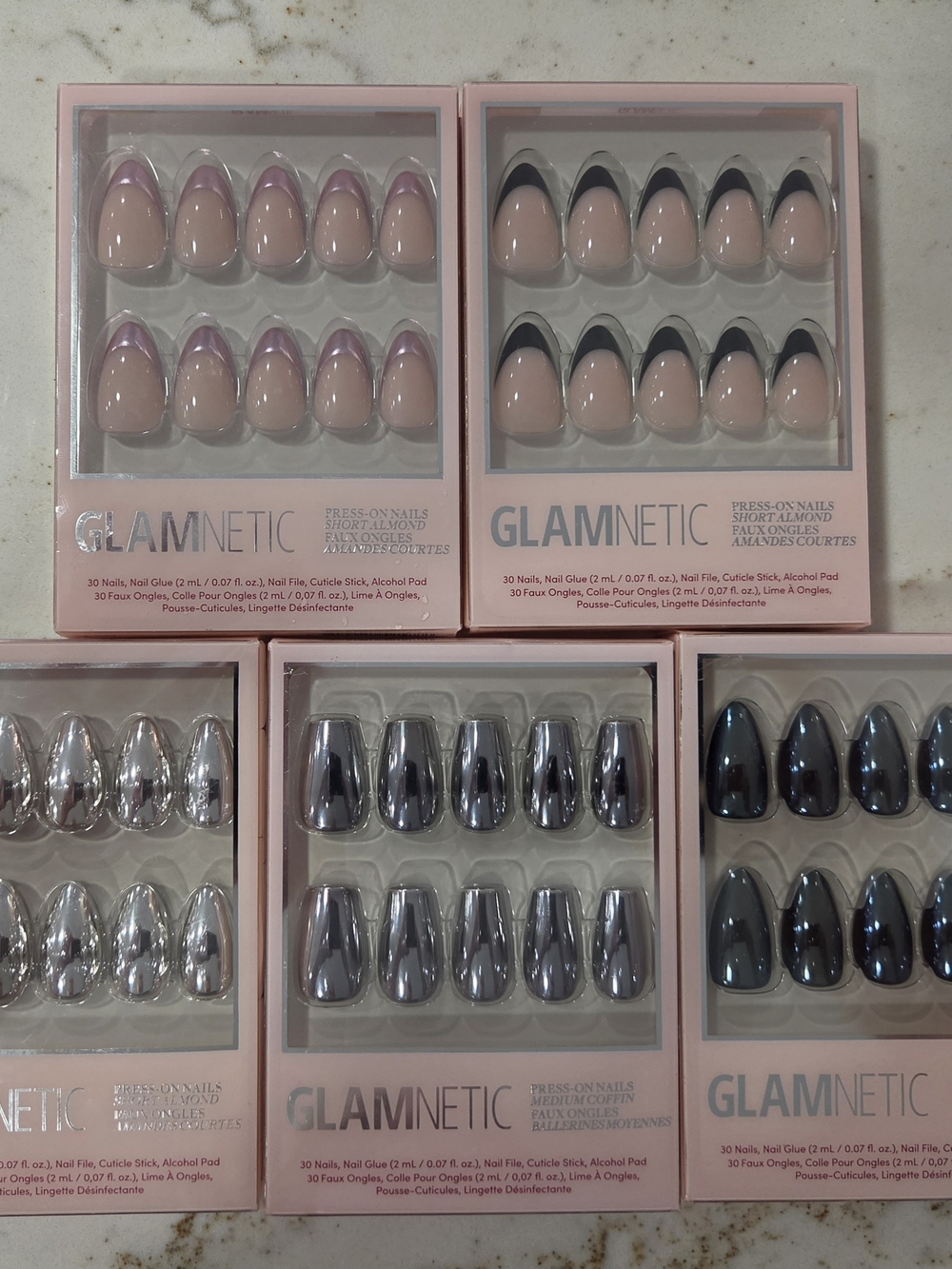 GLAMNETIC Press-On Nails Set – Pink Nude with Black Tip & Silver Chrome Options
